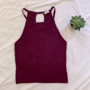 Burgundy high neck ribbed tank top